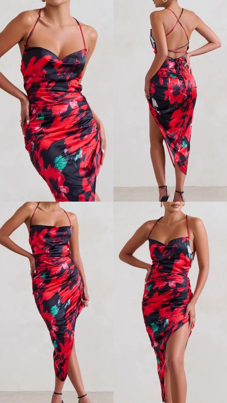 Floral satin dress. Black and red floral satin asymmetric hem midi dress. 
Summer, spring, date night out, brunch outfit, wedding, baby shower, special occasion. Under £50. Affordable fashion.  Wardrobe staple. Timeless. Gift guide idea for her. Luxury, elegant, clean aesthetic, chic look, feminine fashion, trendy look.
Club L London outfit idea.

#LTKwedding #LTKparties #LTKfindsunder50
