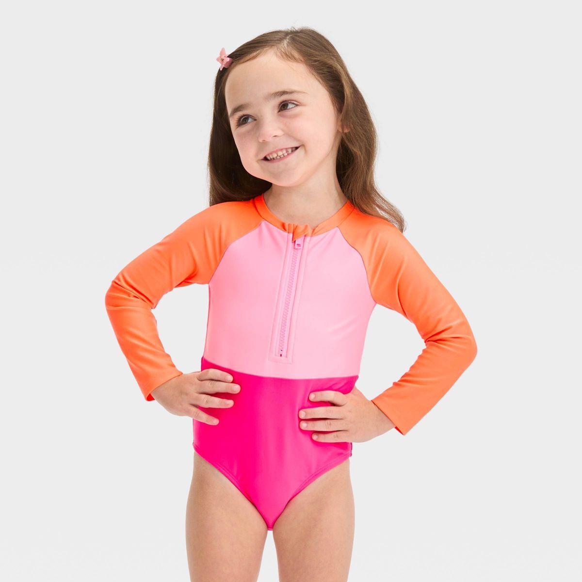 Toddler Girls' Long Sleeve Colorblock Rashguard One Piece Swimsuit - Cat & Jack™ Pink 4T | Target