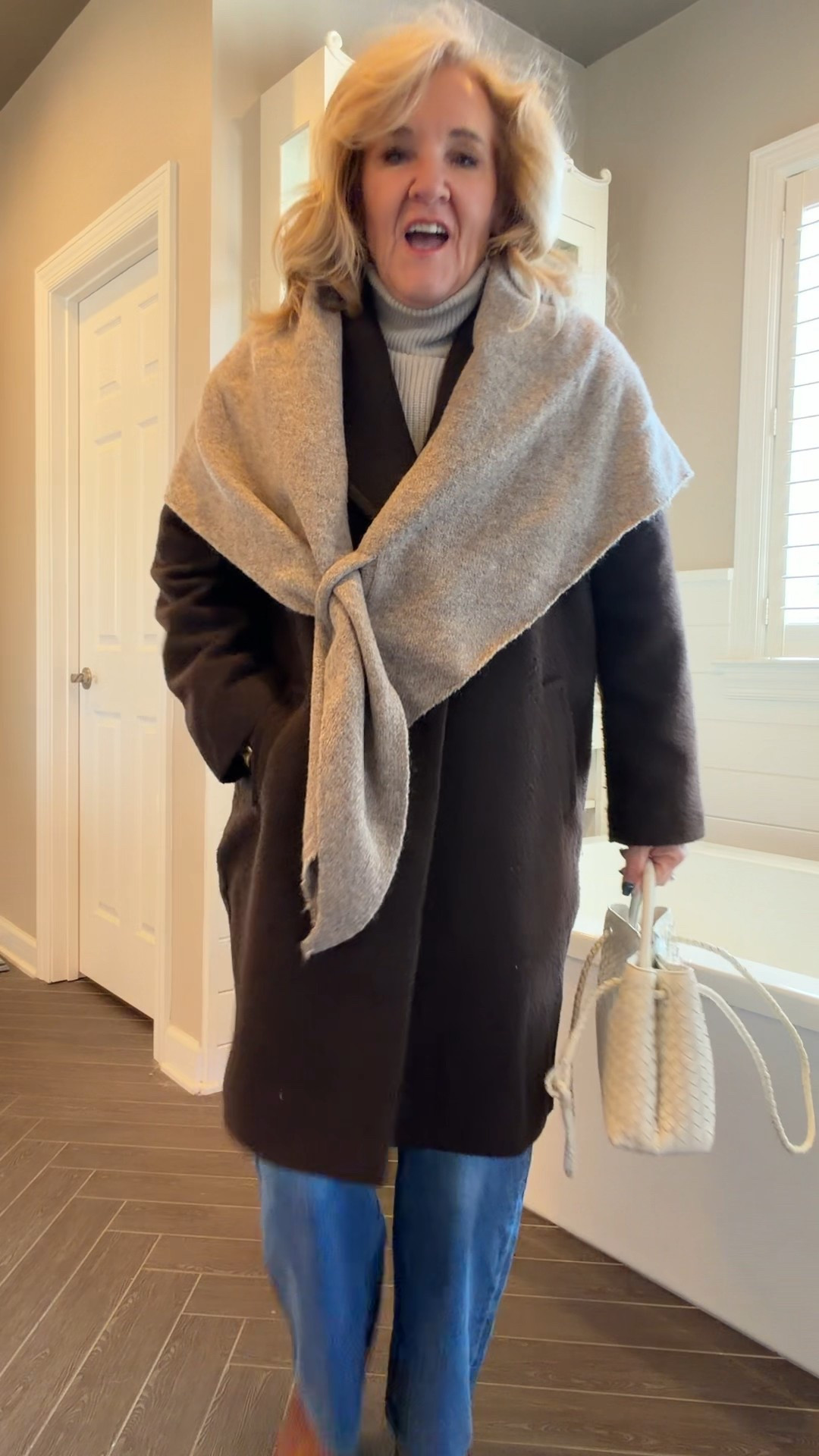 The sweater scarf is a big trend! Love this Amazon one! 
Cashmere turtleneck size medium 
Small bone tote (there’s a larger version)
Jeans size 29 waist 28 inseam 
Coat is avail in a denim blue. It’s a lightweight boucle. Limited in brown. I did size down to a small petite 

#LTKOver40 #LTKFindsUnder100 #LTKMidsize