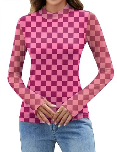 LOMON Womens Mesh Top Lace Undershirt for Women Going Out Tops Plus Size Fall Fashion 2025 Country Concert Outfits Pink Checkerboard XXL | Amazon (US)