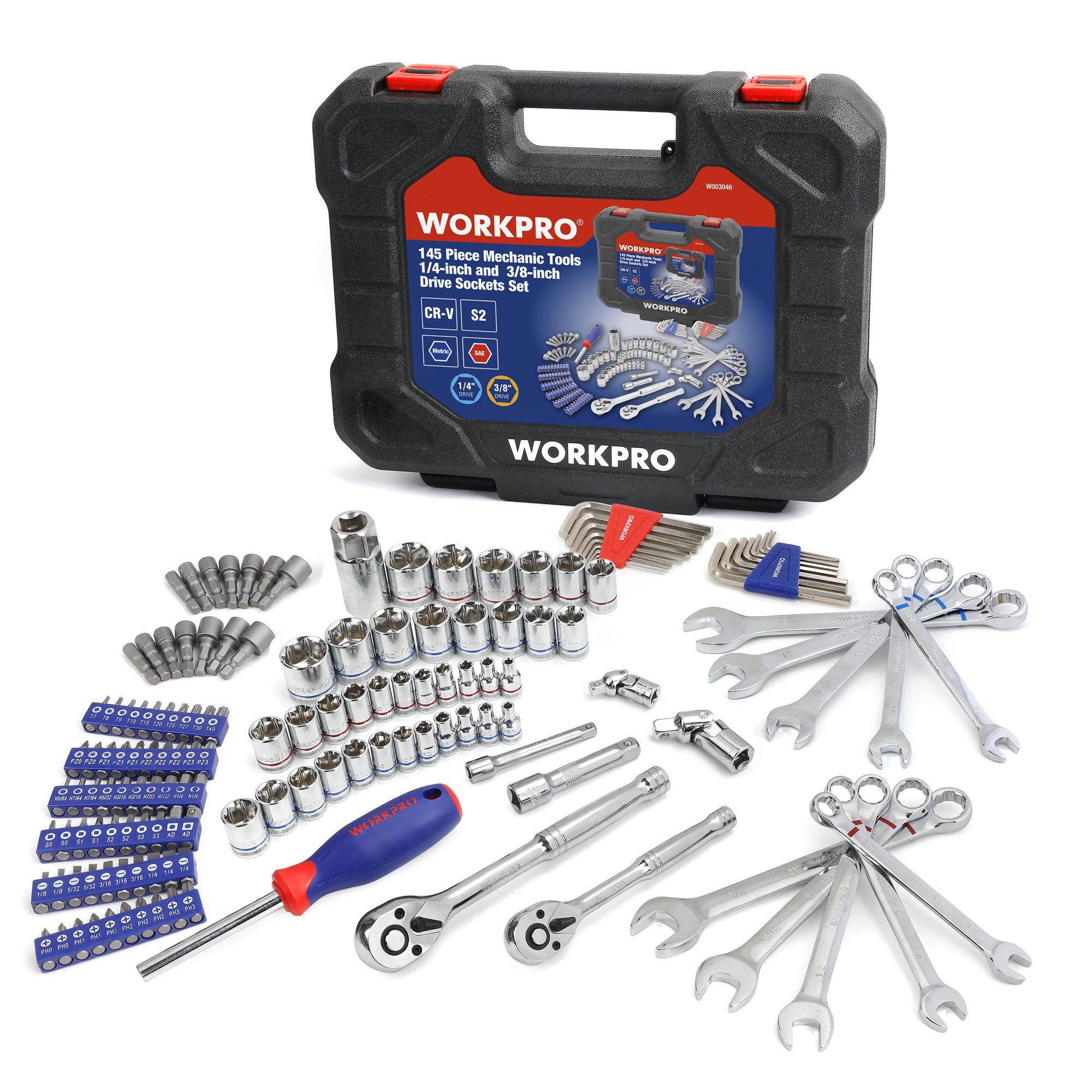 Workpro 145 Piece Mechanic's Tool Set 1/4-inch and 3/8-inch Drive Sockets Set | Walmart (US)