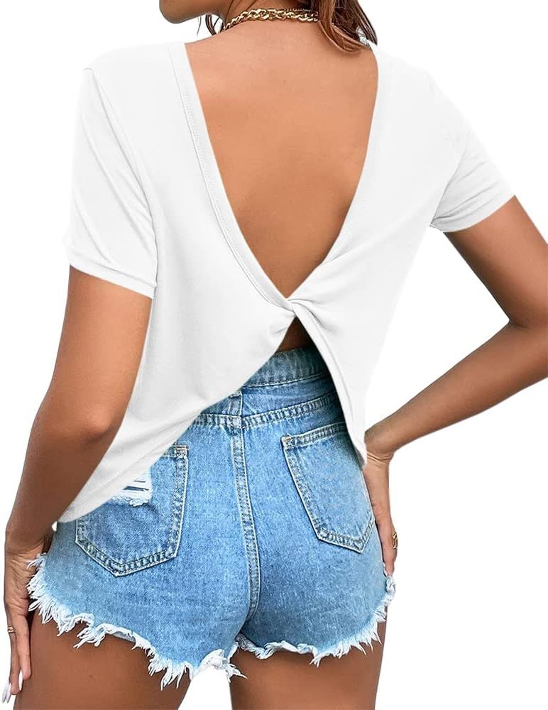 Zuoyouzi Women's Twist Backless Short Sleeve T Shirts Tops Round Neck Curved Hem Casual Workout Tee  | Amazon (US)