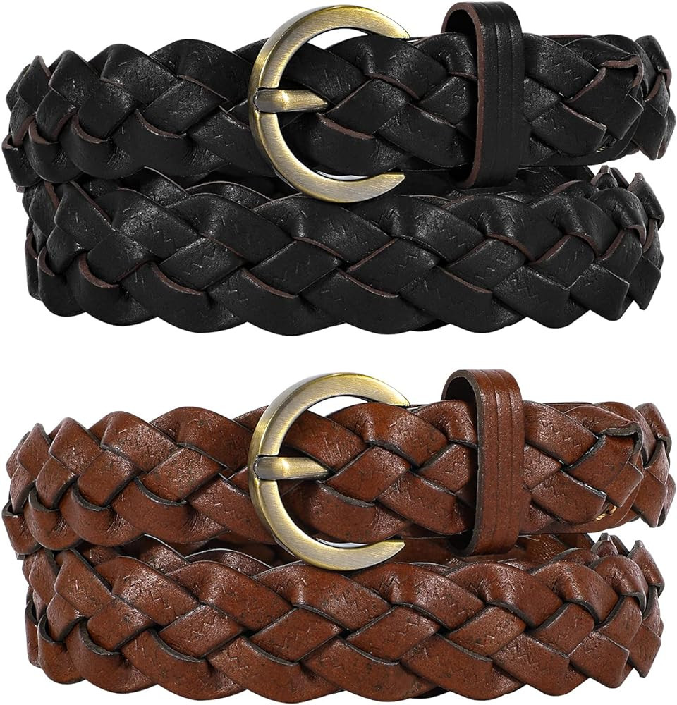 XZQTIVE 2 Pieces Women's Braided Leather Belts Casual Skinny Woven Belt for Jean Pant | Amazon (US)