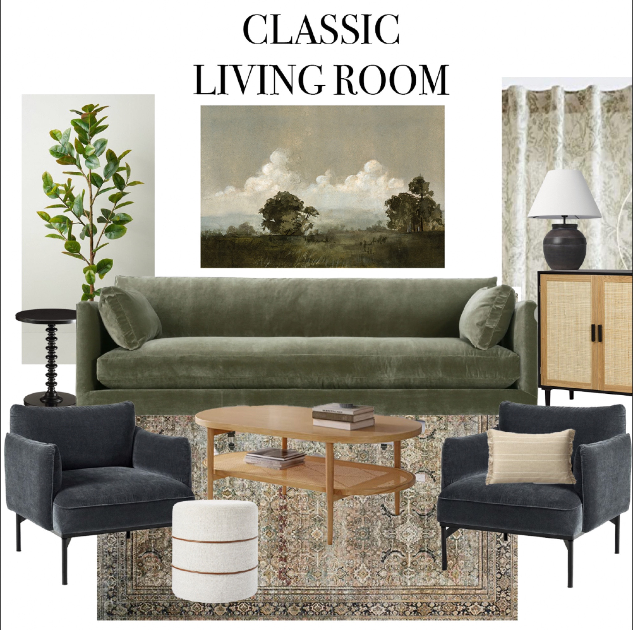 Classic Living Room design featuring a green velvet couch, faux greenery, accent chairs, artwork and floral curtains. #livingroom #livingroomdesign #traditionaldecor #classicstyle #targetfinds #loloirugs #juniperprintshop