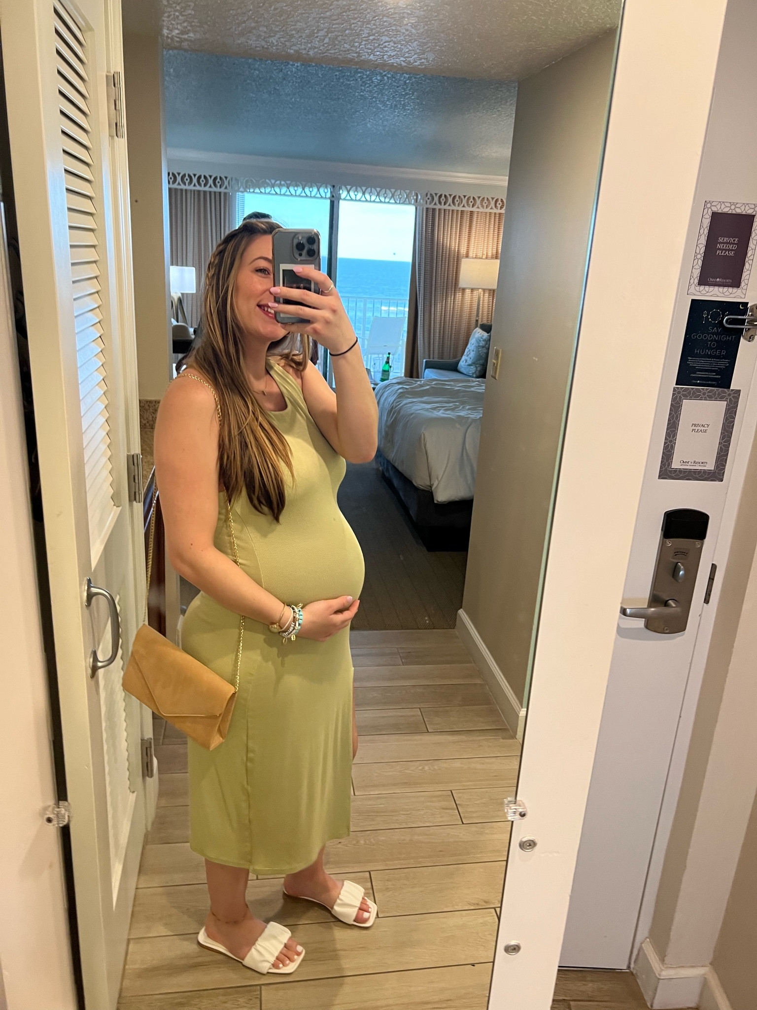 The perfect spring/summer maternity dress for a baby moon, date night, shopping trip and more! Built in bra, high neck, midi, ribbed dress, leg slit. Size medium, light green color!

#LTKbeauty #LTKbump #LTKbaby