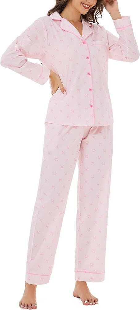 LUBOT 100% Cotton Pajamas for Women 2 Piece PJ Set Woven Poplin Ladies Button Long Sleeve Lightwe... | Amazon (US)