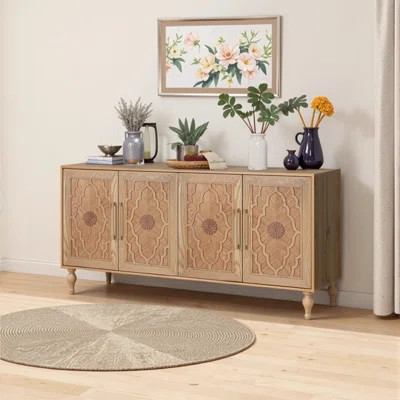 63'' Large Wooden Modern Sideboard Console with Metal Handles and Carved Flower Doors, Adjustable Shelves for Living Room, Kitchen, Entryway | Wayfair North America