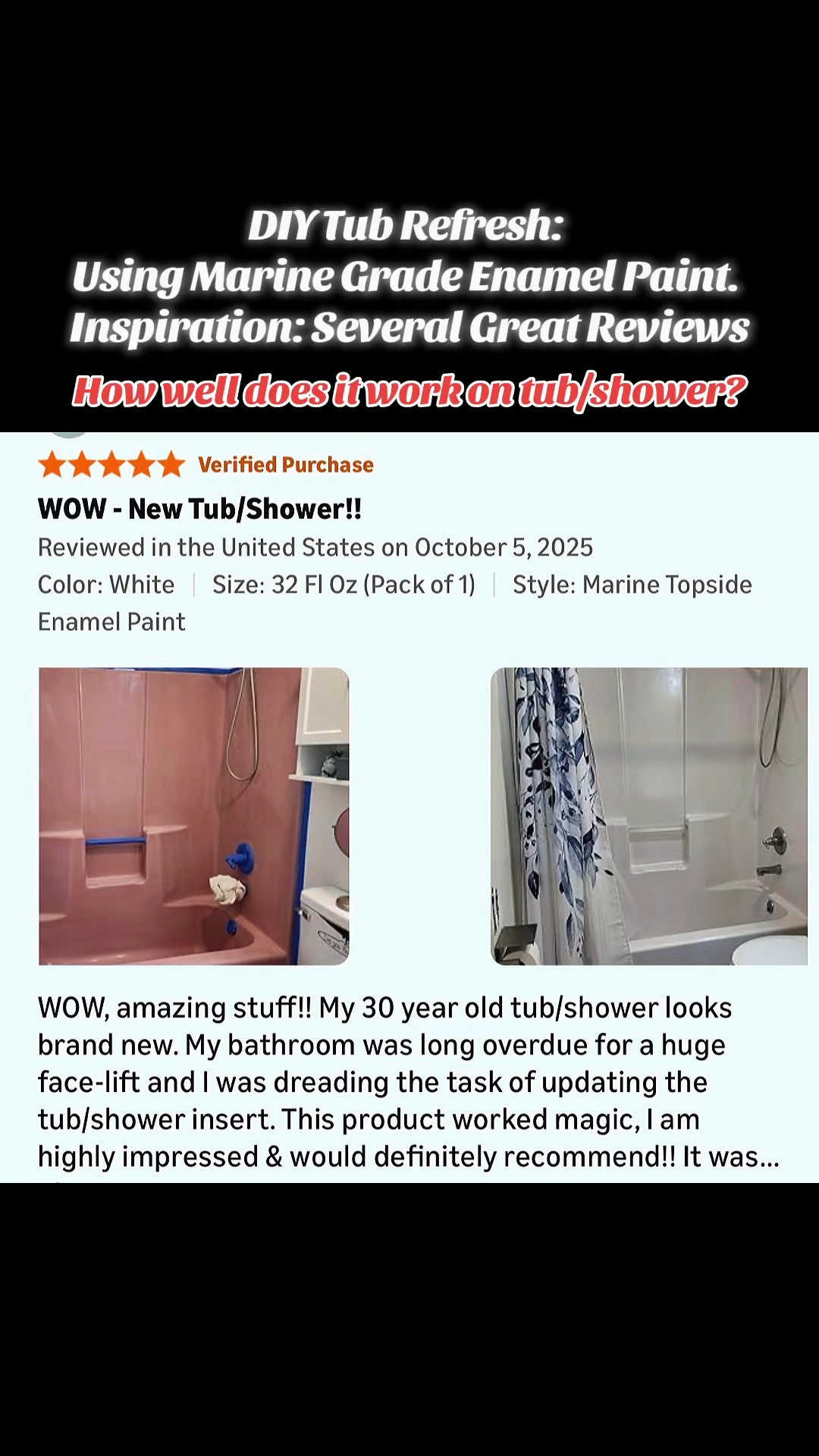 DIY Tub Refresh 🛁✨
Does marine grade enamel paint really live up to the hype for refinishing a bathtub? Well…I took one for the team and tested it out! 😅

Initial impressions: I was honestly pleasantly surprised. The paint adhered REALLY well and after just one coat it already looked like a major upgrade.

I let it cure for 3 days and went in with a second coat for extra coverage and durability.

Overall: easy to apply, super budget-friendly, and the results turned out FABULOUS 🙌🏽

Now the real test begins…let’s see how it holds up over time 👀
Will it last? Or will this become my next full renovation project? 😂

Linked below ⬇️

#DIYHomeProjects #TubRefinishing #BathroomRefresh #HomeImprovement #BudgetDIY #BathroomMakeover #DIYRenovation #BeforeAndAfte

#LTKvlog #LTKHome