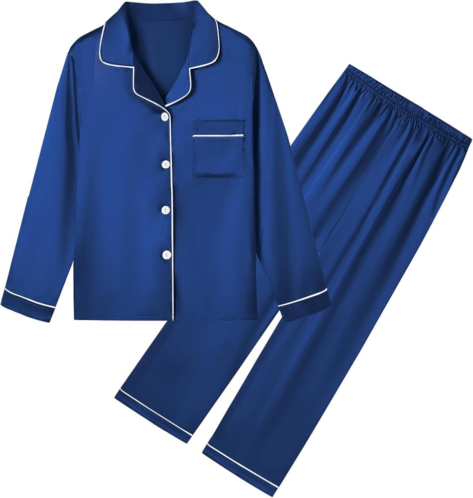 Umeyda Girls & Womens Satin Pajamas Set, 2 Pieces Silky Pjs Long Sleeve + Pants Sleepwear for Mom... | Amazon (US)