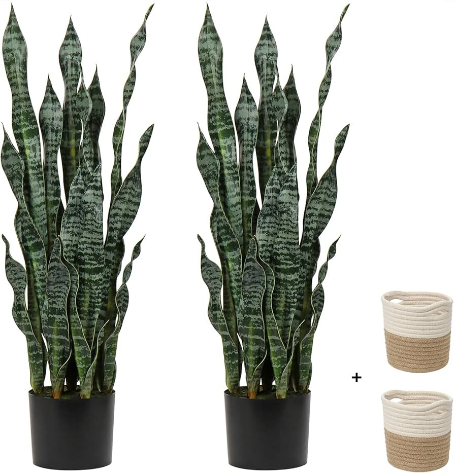 2 Set Large Fake Snake Plant Black Coral 37 Inch Sansevieria Plant Artificial Snake Plants in Pot... | Amazon (US)