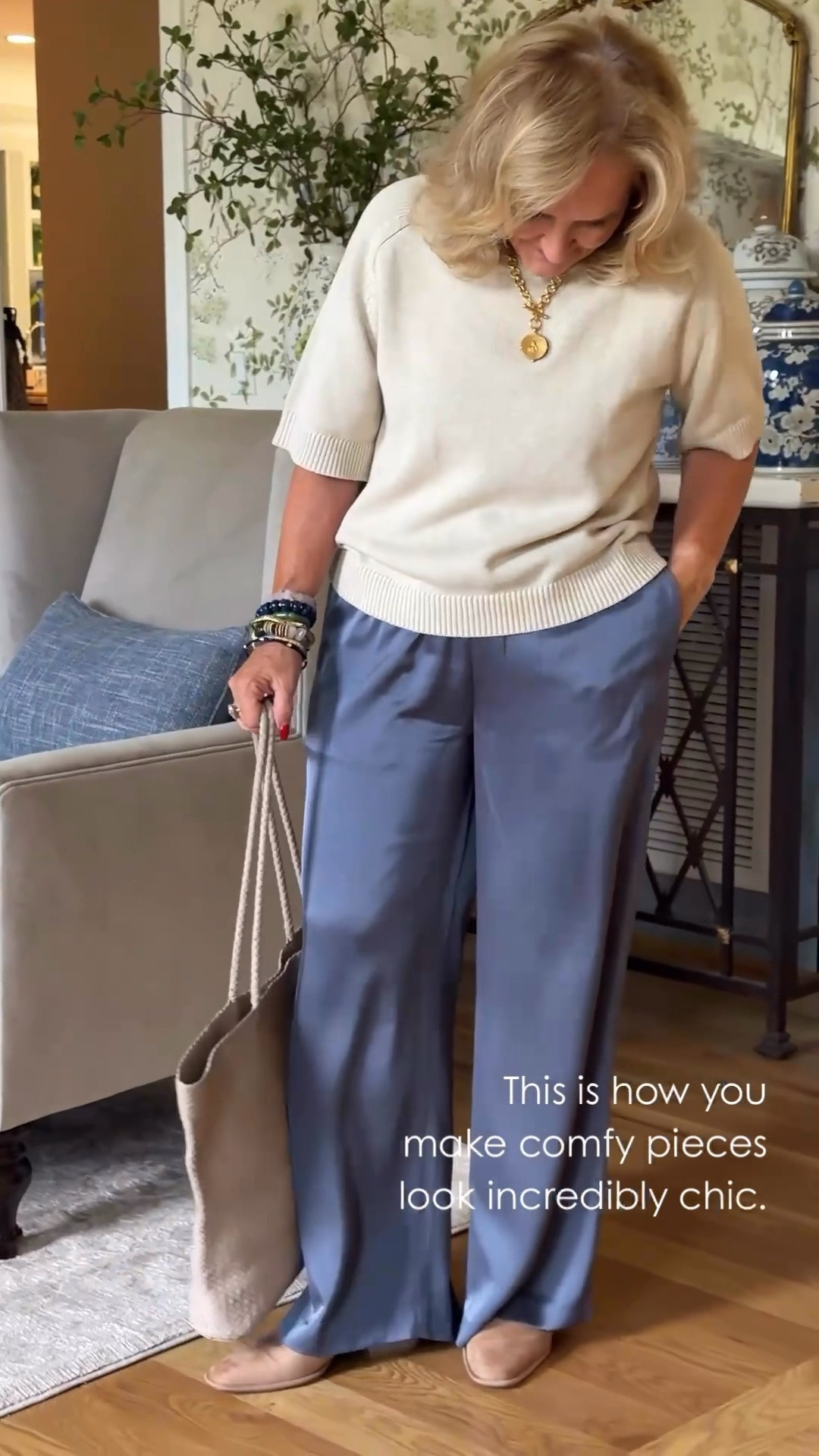 These satin pants make an everyday sweater feel a little more special, don’t they? I’m wearing a medium short in the pants, sized up to a large in the sweater, and went down half a size in the mules.

#LTKootd #LTKgrwm #LTKOver40