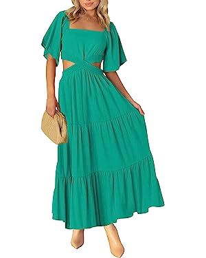 LEANI Women's 2023 Summer Cutout Maxi Dress Square Neck Short Sleeve Crossover Waist Casual Party... | Amazon (US)