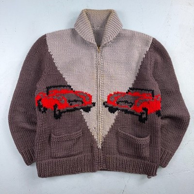 VTG 1950s Hand Knit Wool Cowichan Cardigan Sweater Jacket Race Cars Medium RARE | eBay | eBay US