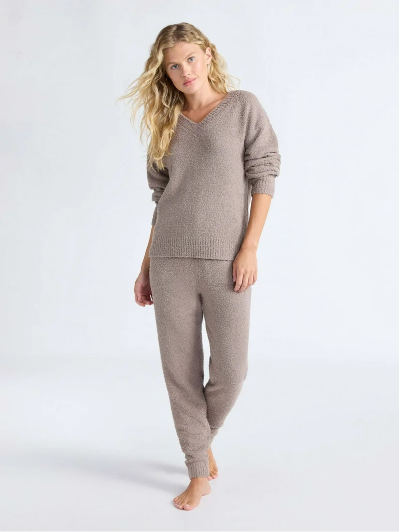 Joyspun Women's Fuzzy Knit V-Neck Top and Joggers Set, 2-Piece, Sizes XS-3X | Walmart (US)