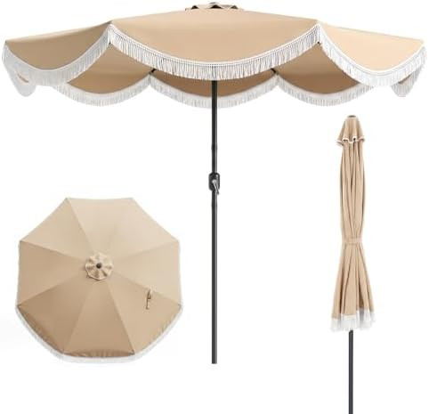 Tangkula 9 FT Patio Umbrella with Fringe, Boho Scalloped Outdoor Table Umbrella with Push Button ... | Amazon (US)