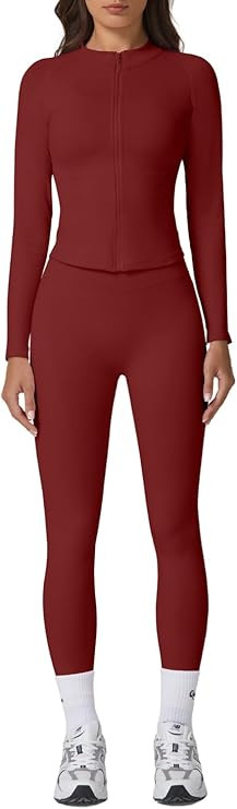 QINSEN Two Piece Workout Sets For Women Long Sleeve Athletic Jacket Matching High Waist Booty Lif... | Amazon (US)