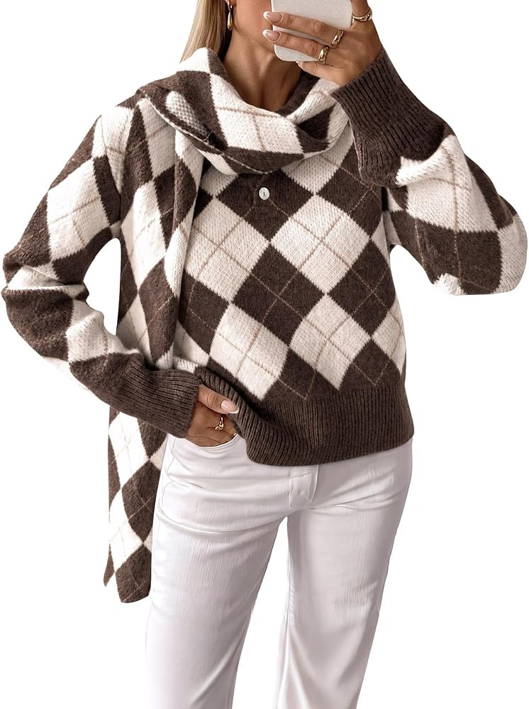 Saodimallsu Womens Argyle Color Block Polo Sweater Pullover Tops with Scarf | Amazon (US)