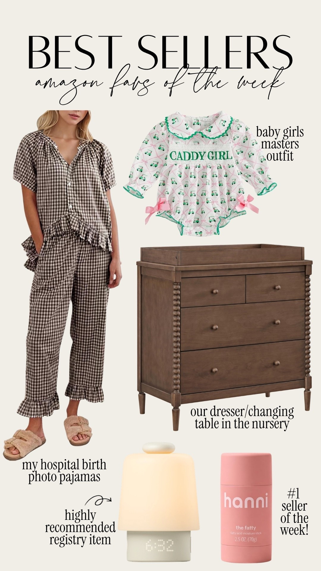 Amazon best sellers of the week! My gingham hospital pajamas (size S), baby girls “caddy girl” onesie, the dresser/changing table in the nursery, hatch baby and hanni fatty stick was #1 this week

#LTKKids #LTKBaby #LTKBump