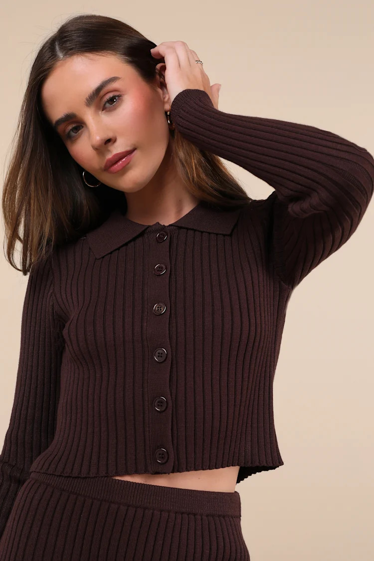 Too Perfect Dark Brown Collared Two-Piece Sweater Mini Dress | Lulus