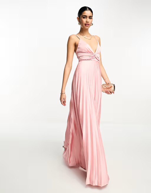 ASOS DESIGN plunge cami waisted pleated maxi dress in rose gold | ASOS (Global)