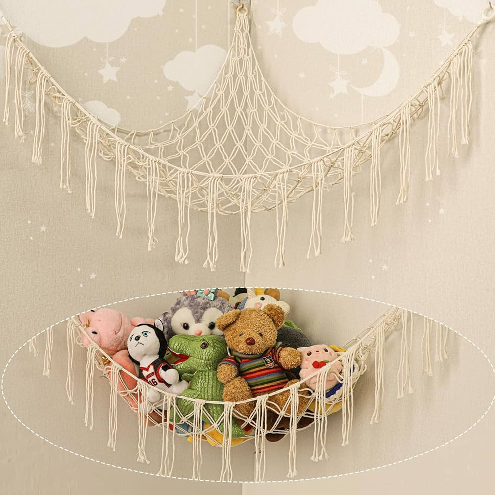 Stuffed Animal Hammock Corner, Hand-knitted Large Plushie Net Toy Hammock with Wooden Rings | Boh... | Amazon (US)