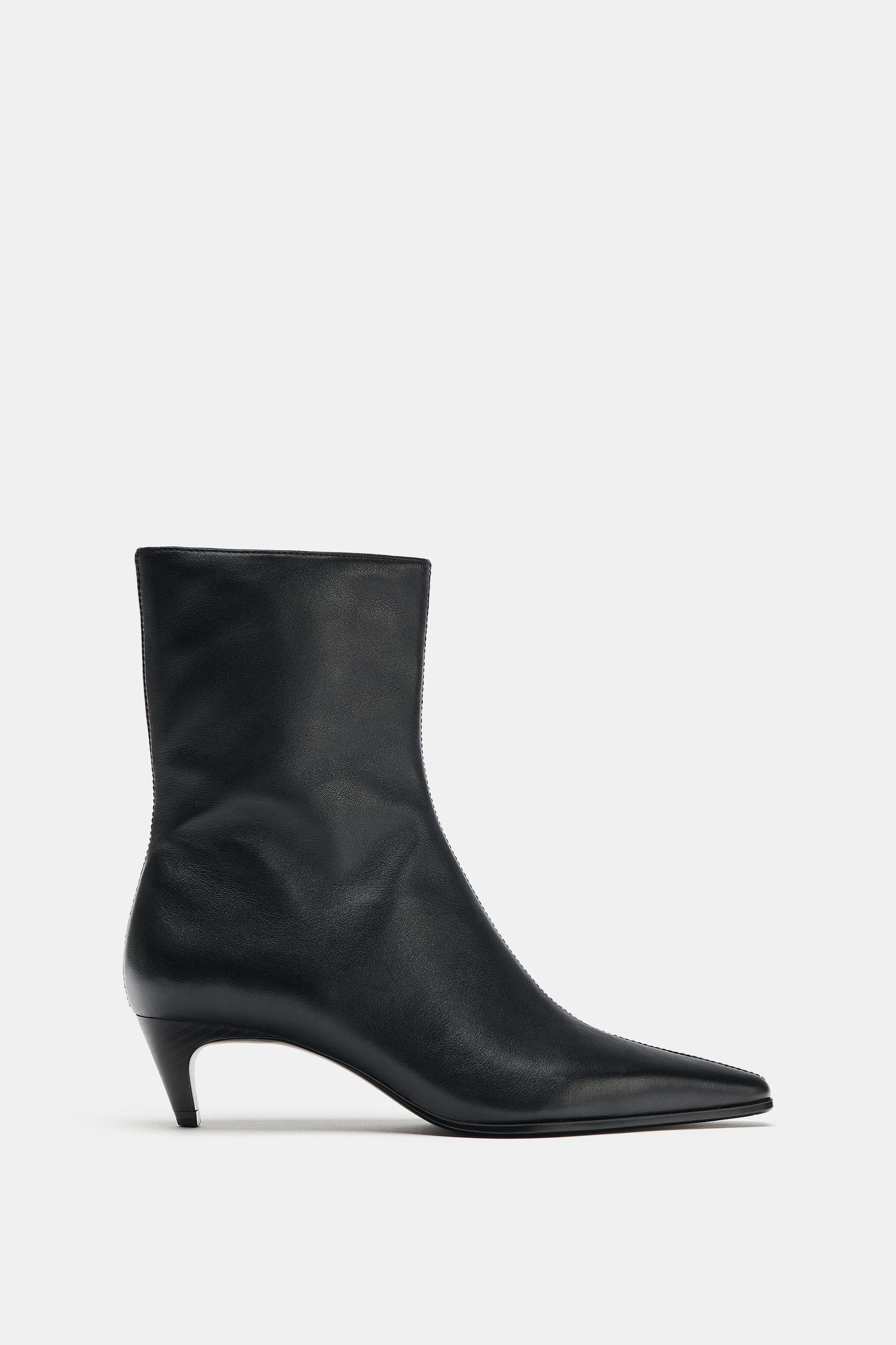 Zara - Leather Kitten Ankle Boots - Black - 5 - Woman | Zara US