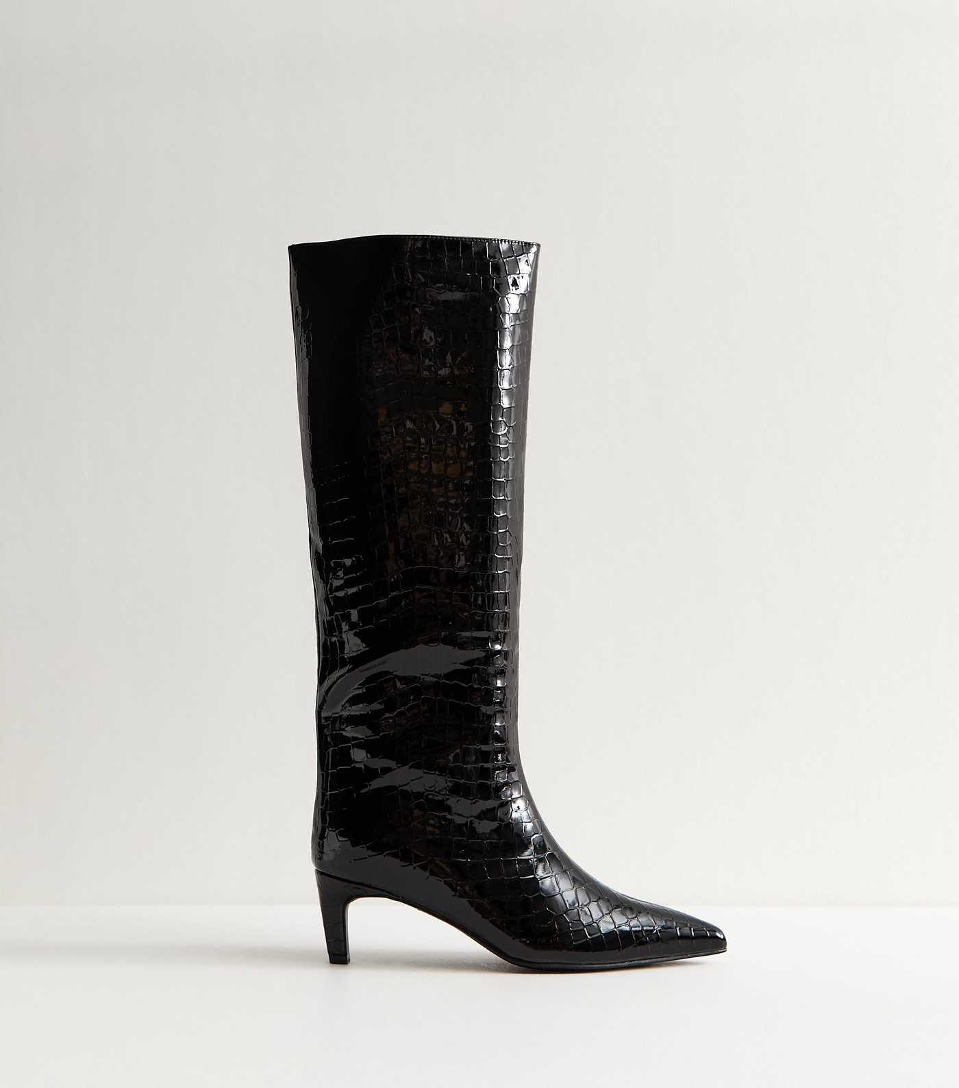 Black Low Heel Sleek Faux Leather Croc Knee High Boots | New Look | New Look (UK)