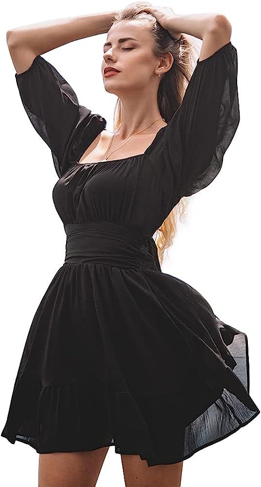 EXLURA Women's Lantern Sleeve Tie Back Dress Ruffled Off Shoulder A-Line Vintage Mini Dress | Amazon (US)