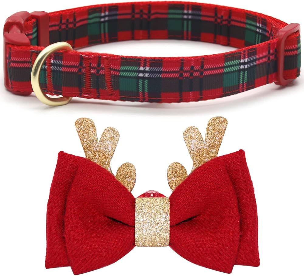 azuza Christmas Dog Collar, Plaid Dog Collar and Cute Glitter Reindeer Antler with Bowtie, Soft &... | Amazon (US)