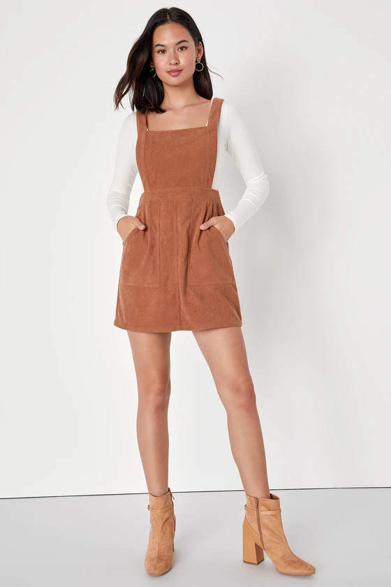Embracing Autumn Brown Corduroy Pinafore Mini Dress | Lulus