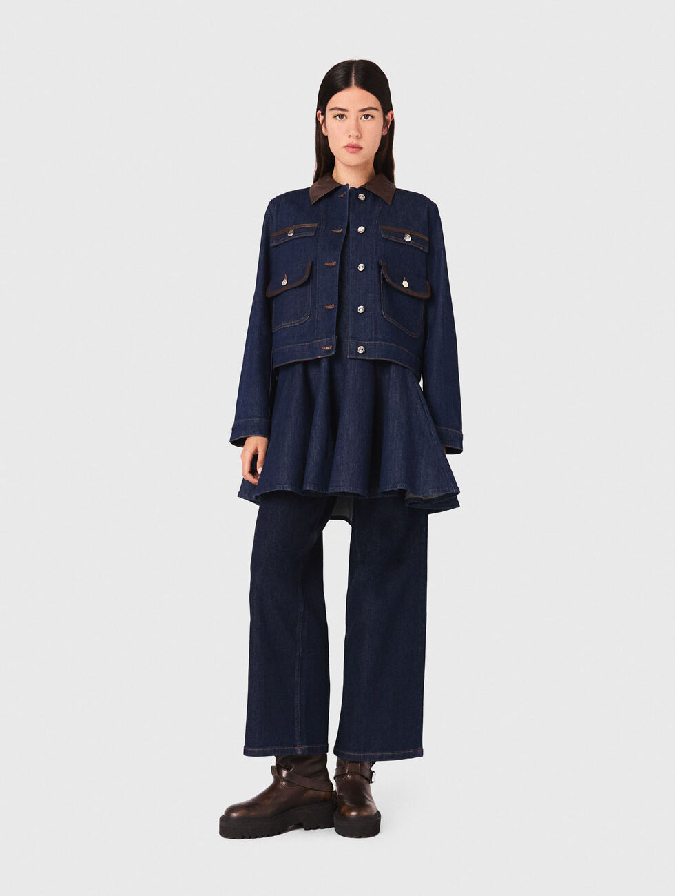 Veste en denim et col en faux cuir bleu pour femme | Maje | Maje EU