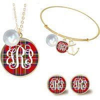 Monogram Necklace, Christmas Jewelry, Disc Red Tartan Plaid Bracelet, Earrings | Etsy (US)