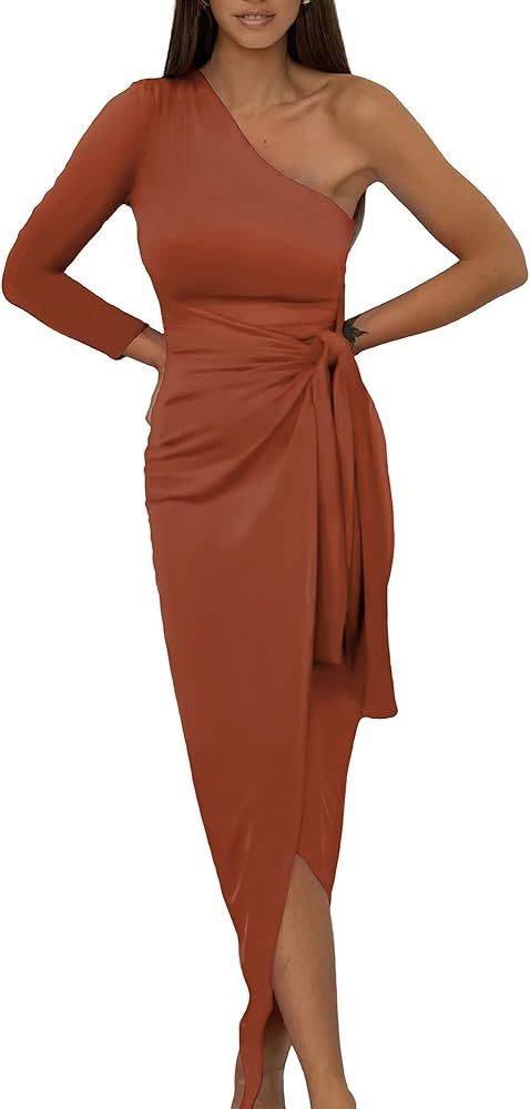 BTFBM Women Elegant Long Sleeve One Shoulder Cocktail Dress Bodycon Ruched Tie Waist Wrap Dress S... | Amazon (US)