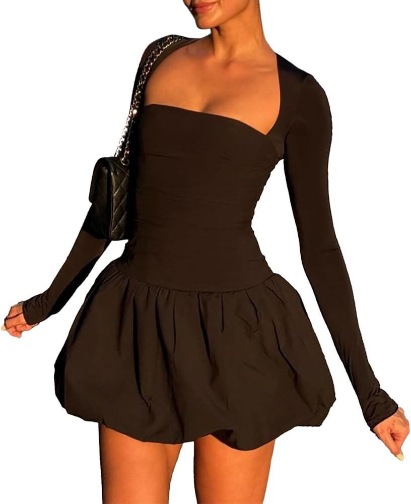 Women Bubble Mini Dress Long Sleeve Square Neck Backless Puffy Skirt Dress Short Formal Dresses | Amazon (US)