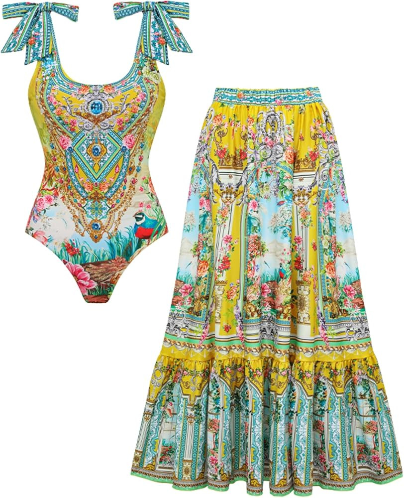 FLAXMAKER Women's Bird Song and Floral Print Strap Swimsuit and Skirt/Sarong | Amazon (US)