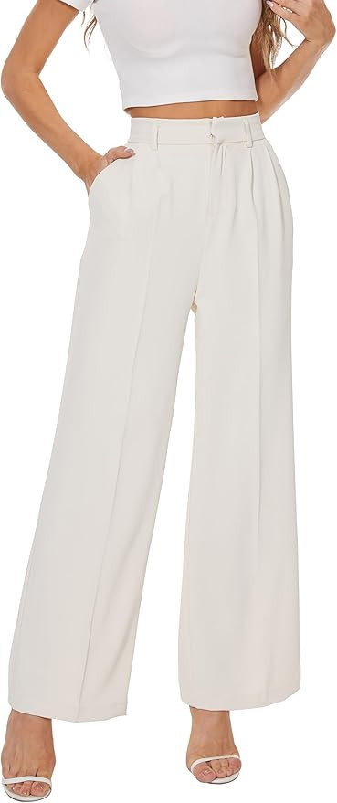 Women Office Wide High Waist Pants Loose Fit Elastic Waist Pleated Front Trousers for Work Casual | Amazon (US)