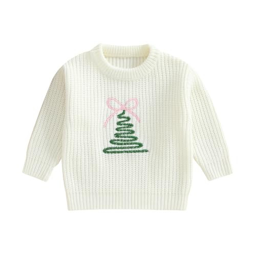 Toddler Girl Christmas Tree Sweater Long Sleeve Chunky Knit Pullover Tops Infant Baby Wreath Embroidery Bow Jumpers (White Tree, 2-3 Years) | Amazon (US)