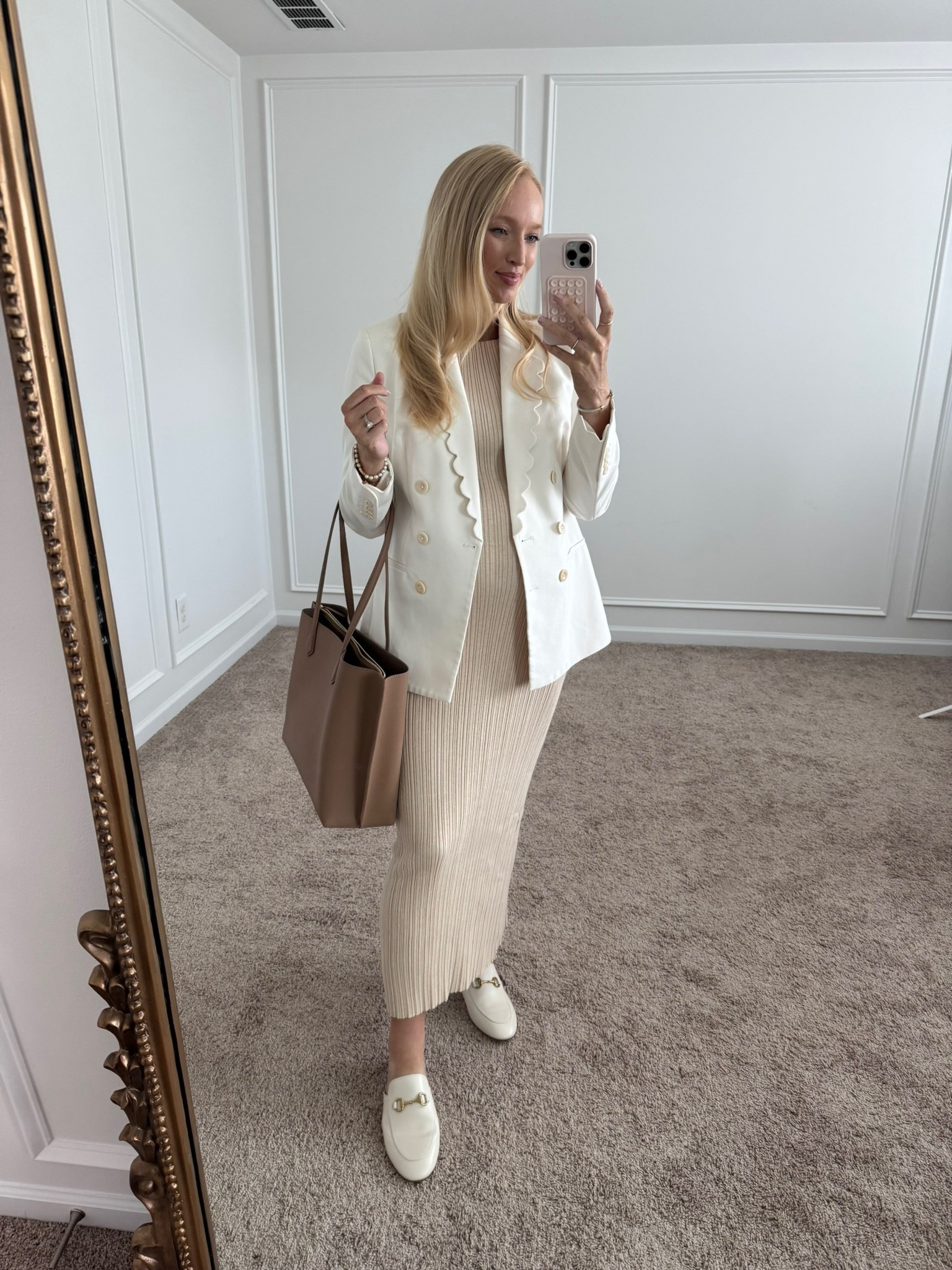 Neutral bump friendly workwear outfit! This dress is from Quince and it’s incredibly comfortable and under $70! Fall outfits // transitional outfits // bump friendly outfits // workwear // work outfits 

#LTKWorkwear #LTKBump #LTKFindsUnder100