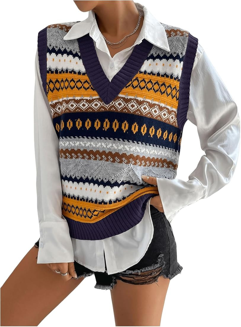 MakeMeChic Women's Vest Tops Striped Print V Neck Knit Casual Sleeveless Sweater Vest Tank Tops | Amazon (US)