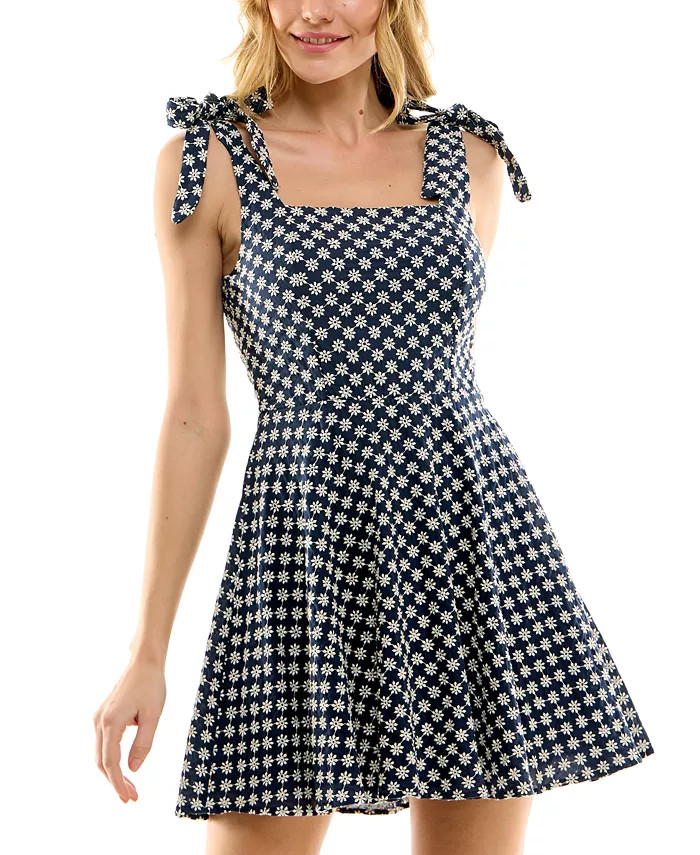Juniors' Eyelet Tie-Shoulder Sleeveless Fit & Flare Dress | Macys (US)