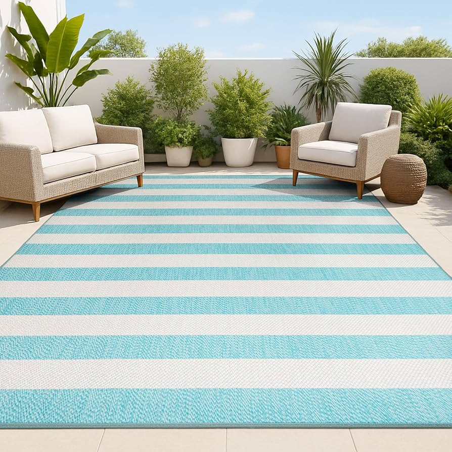 JONATHAN Y Two-Tone Wide Stripe Indoor Outdoor Area Rug 4X6 Aqua/Cream, Negril for Backyard, Pati... | Amazon (US)