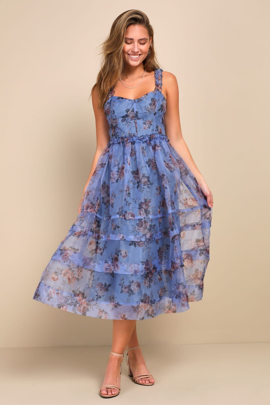 Sincerely Enchanting Periwinkle Floral Print Organza Midi Dress | Lulus