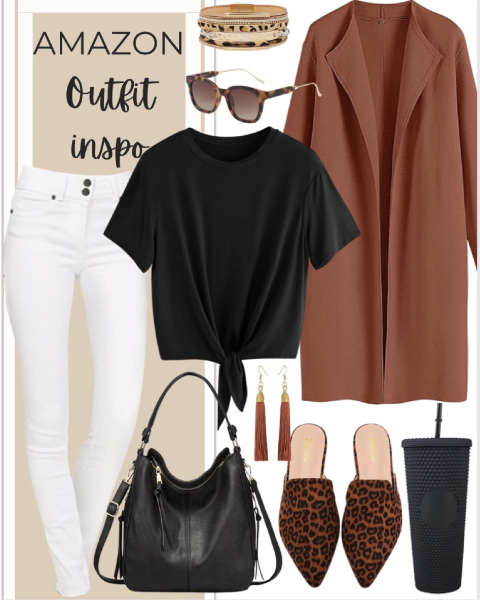 Amazon outfit inspiration includes white jean pants, black tie front shirt, caramel lightweight coat, black tote purse, dangling earrings, cheetah print mules, sunglasses, bracelet, and matte studded tumbler

Outfit inspo, fall fit, outfit inspiration, fall outfit inspiration, fit check, style tip, Amazon finds

#LTKfit #LTKstyletip #LTKunder50