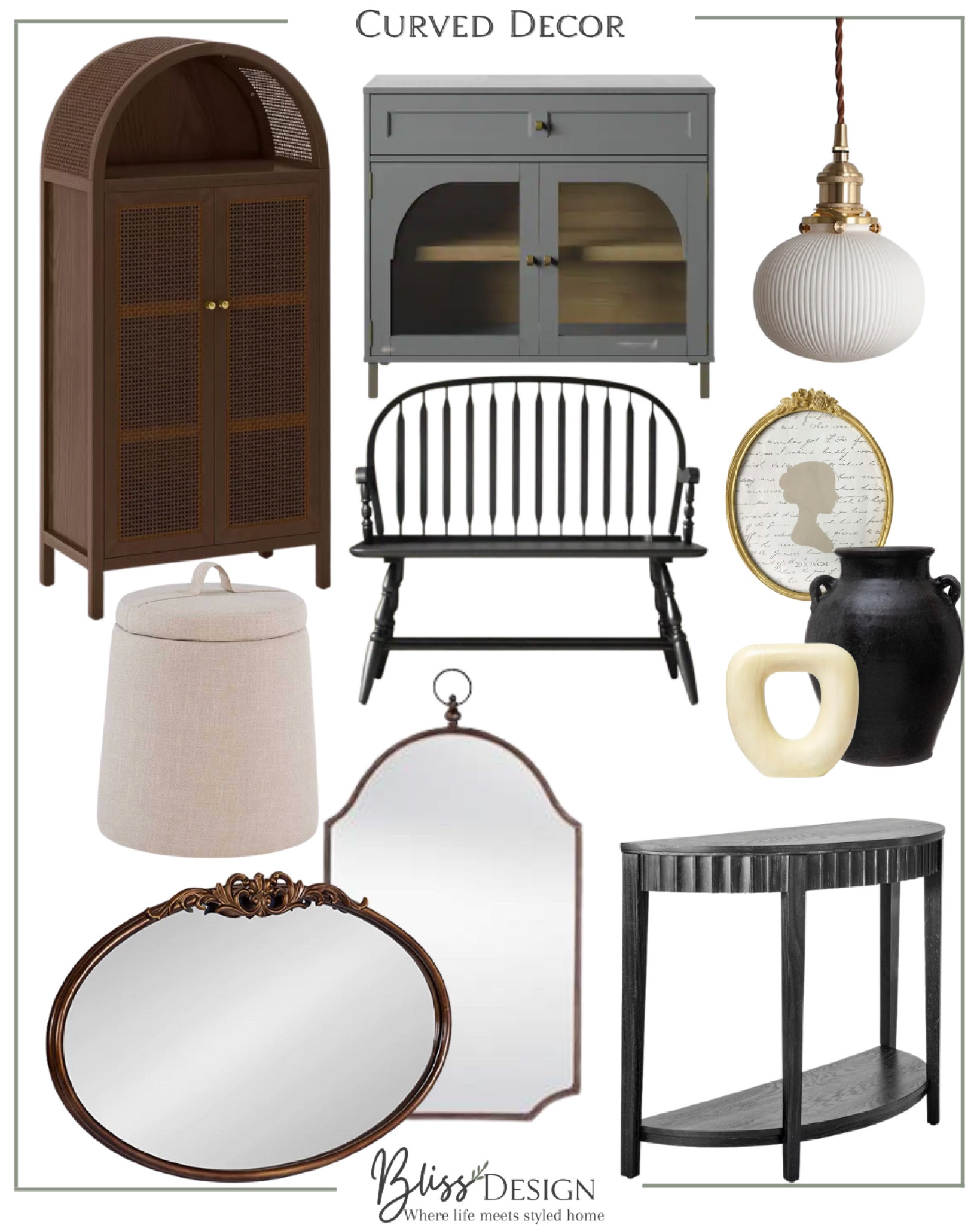 Curved design- Design Trends 

Bench, mirrors, console, lights, stool, cabinet 

#LTKhome #LTKstyletip
