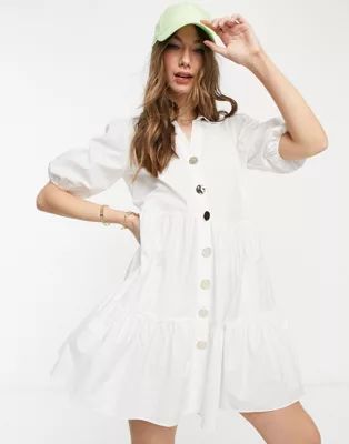 River Island volume smock mini shirt dress in white | ASOS (Global)