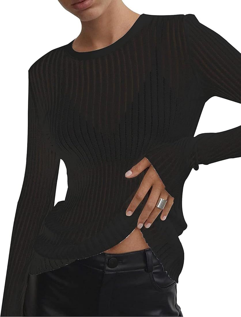 Women Knitted Sweater See Through Crew Neck Sheer Mesh Solid Basic Long Sleeve Loose Fit Knit Pullov | Amazon (US)