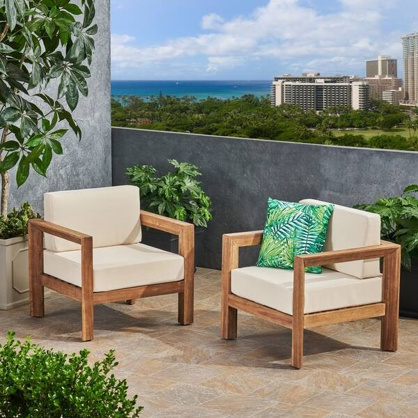 Genser Outdoor Wooden Club Chairs with Cushions (Set of 2) by Christopher Knight Home | Bed Bath & Beyond