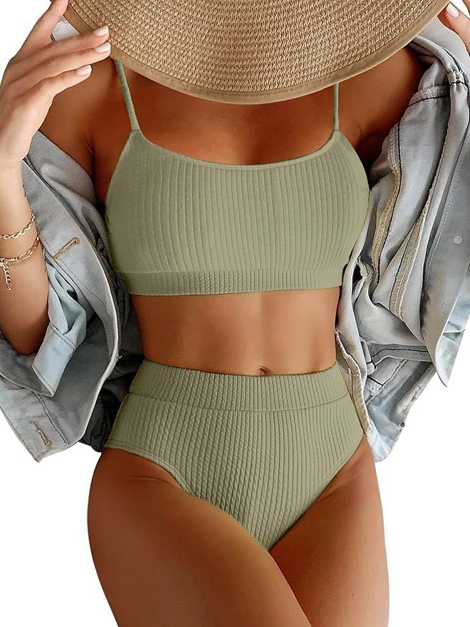 Lilosy High Waisted Tummy Control Ribbed Bikini Crop Top Brazilian Swimsuit Set 2 Piece | Amazon (US)