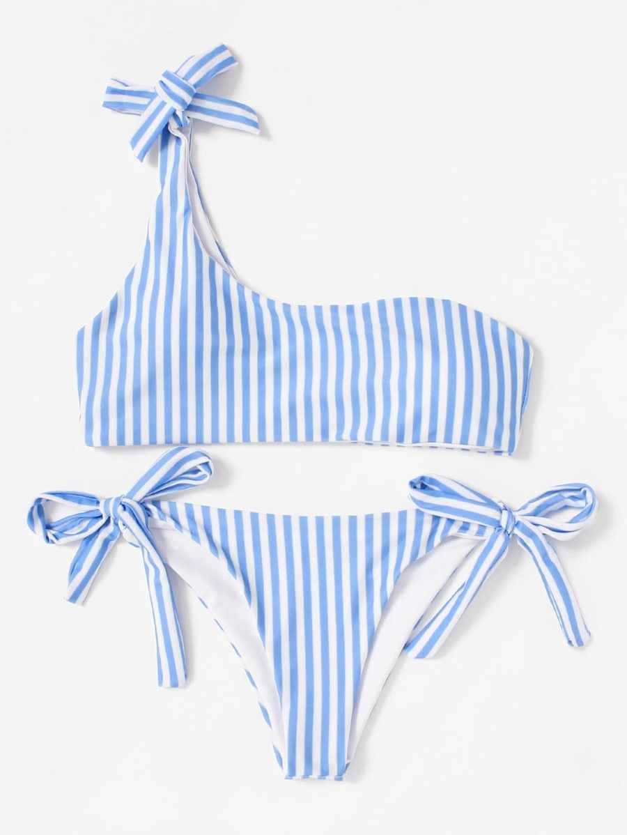 Tie Side One Shoulder Striped Bikini Set | SHEIN