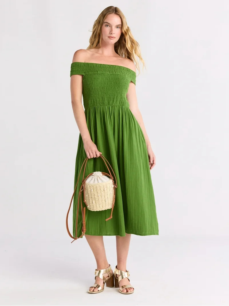 Time and Tru Women's Cotton Off the Shoulder Midi Dress, Sizes XS-XXXL | Walmart (US)